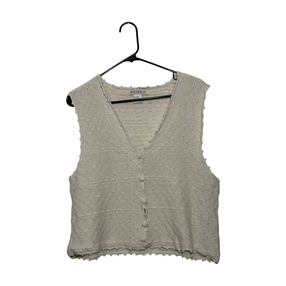 Melrose Vintage Cottagecore Cream Knit Button Front Vest Scalloped Trim SZ Large